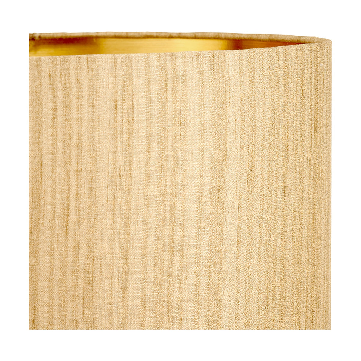 Close-up of the Stellan Gold Slubbed Silk Mix Lined Cylinder Lampshade, 35cm, showing textured gold fabric exterior and gold-lined interior.