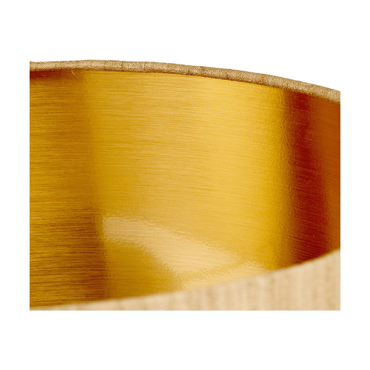Close-up of the Stellan Gold Slubbed Silk Mix Lined Cylinder Lampshade, 35cm, showing the brushed gold interior lining and natural slubbed fabric edge.