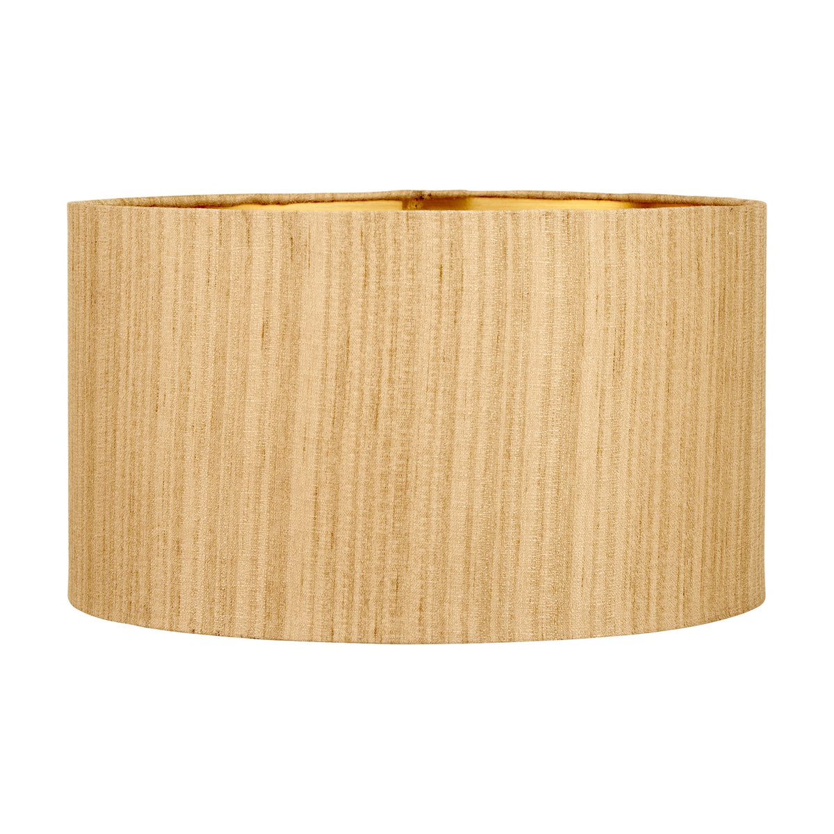 Stellan Gold Slubbed Silk Mix Lined Cylinder Lampshade, 40cm, in a fabric drum shape with subtle vertical texture, shown on a plain white background.