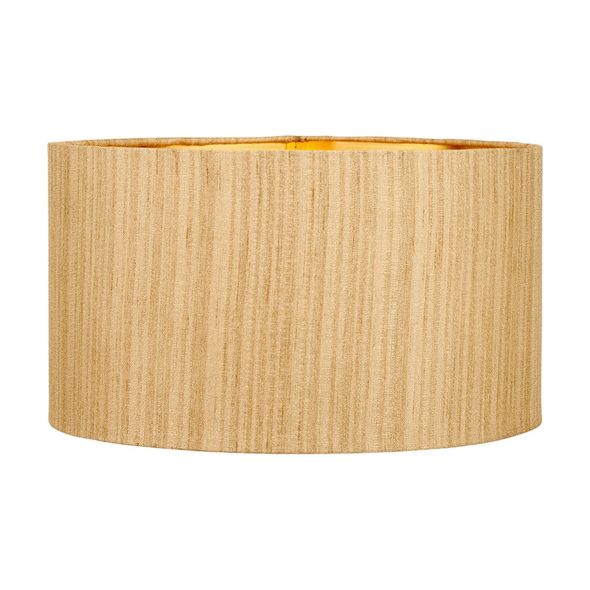 Stellan Gold Slubbed Silk Mix Lined Cylinder Lampshade, 40cm, in a textured woven fabric with a golden-yellow interior lining, shown on a plain white background.