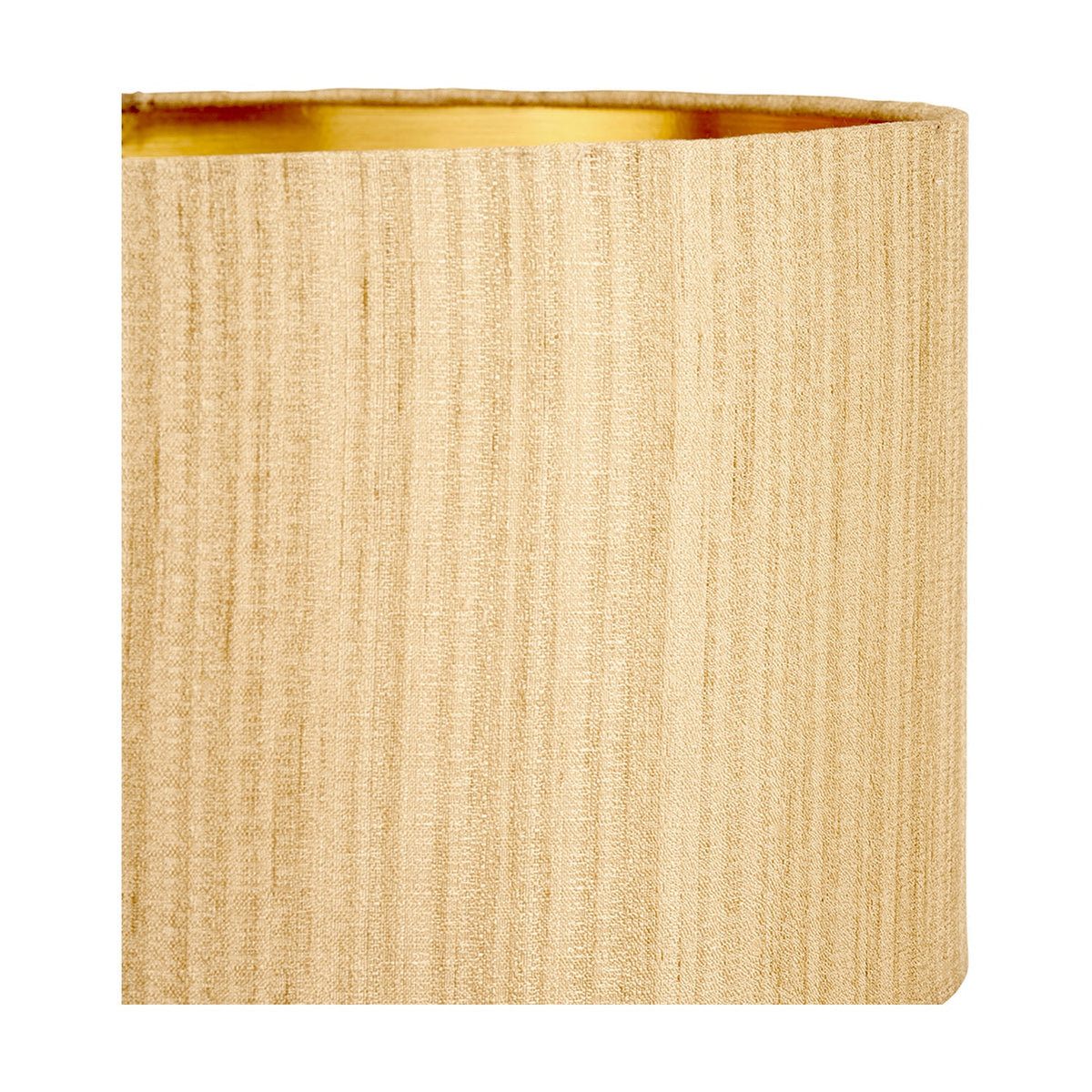 Close-up of the Stellan Gold Slubbed Silk Mix Lined Cylinder Lampshade, 40cm, showing textured fabric exterior and gold-lined interior on a plain background.