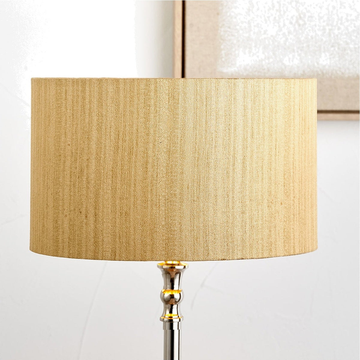 Stellan Gold Slubbed Silk Mix Lined Cylinder Lampshade, 40cm, on a chrome floor lamp base against a plain light background.