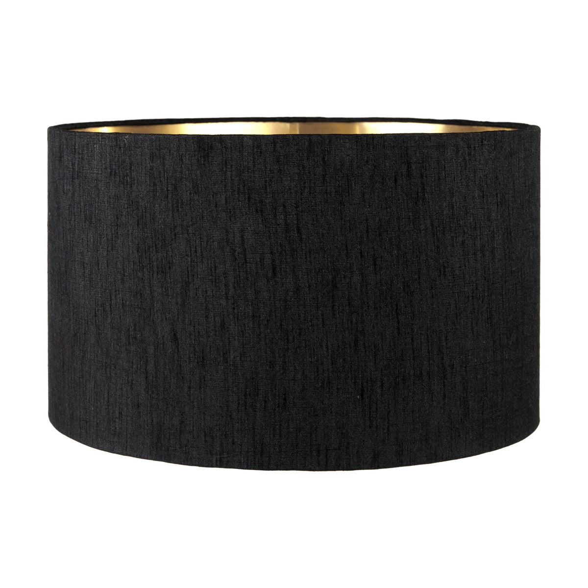 Stellan cylinder lampshade, 45cm, in black slubbed faux silk fabric with a contrasting gold-lined interior, shown against a plain white background.