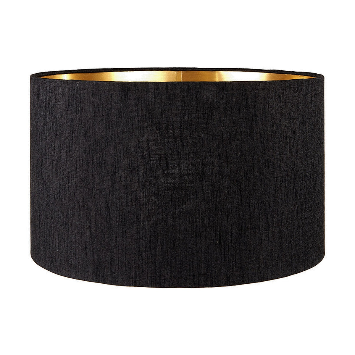 Stellan cylinder lampshade in black slubbed fabric with a faux gold lining, 45cm wide, shown on a plain white background.