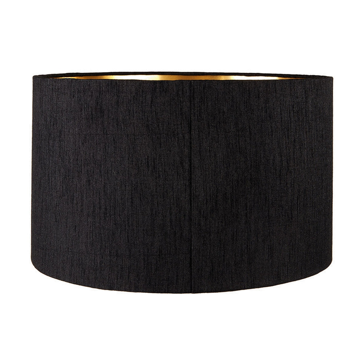 Stellan Black Slubbed Cylinder Lampshade, 45cm, in black fabric with a faux gold lined interior, shown against a plain white background.