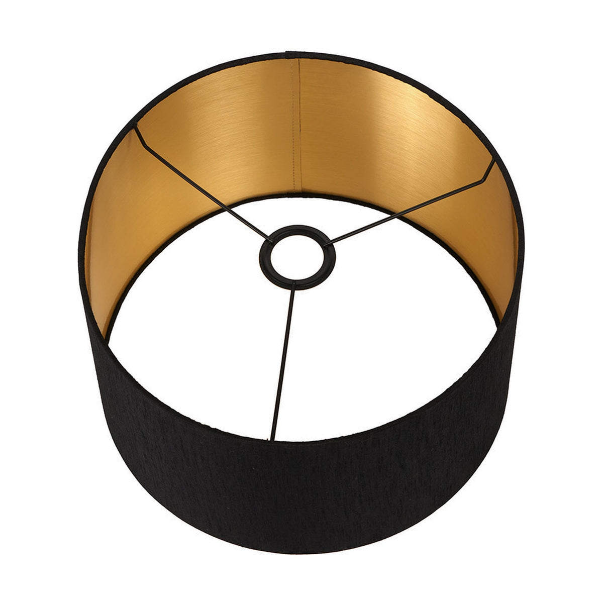 Stellan cylinder lampshade, 45cm, in black slubbed fabric with a faux gold lined interior, shown from above on a plain white background.