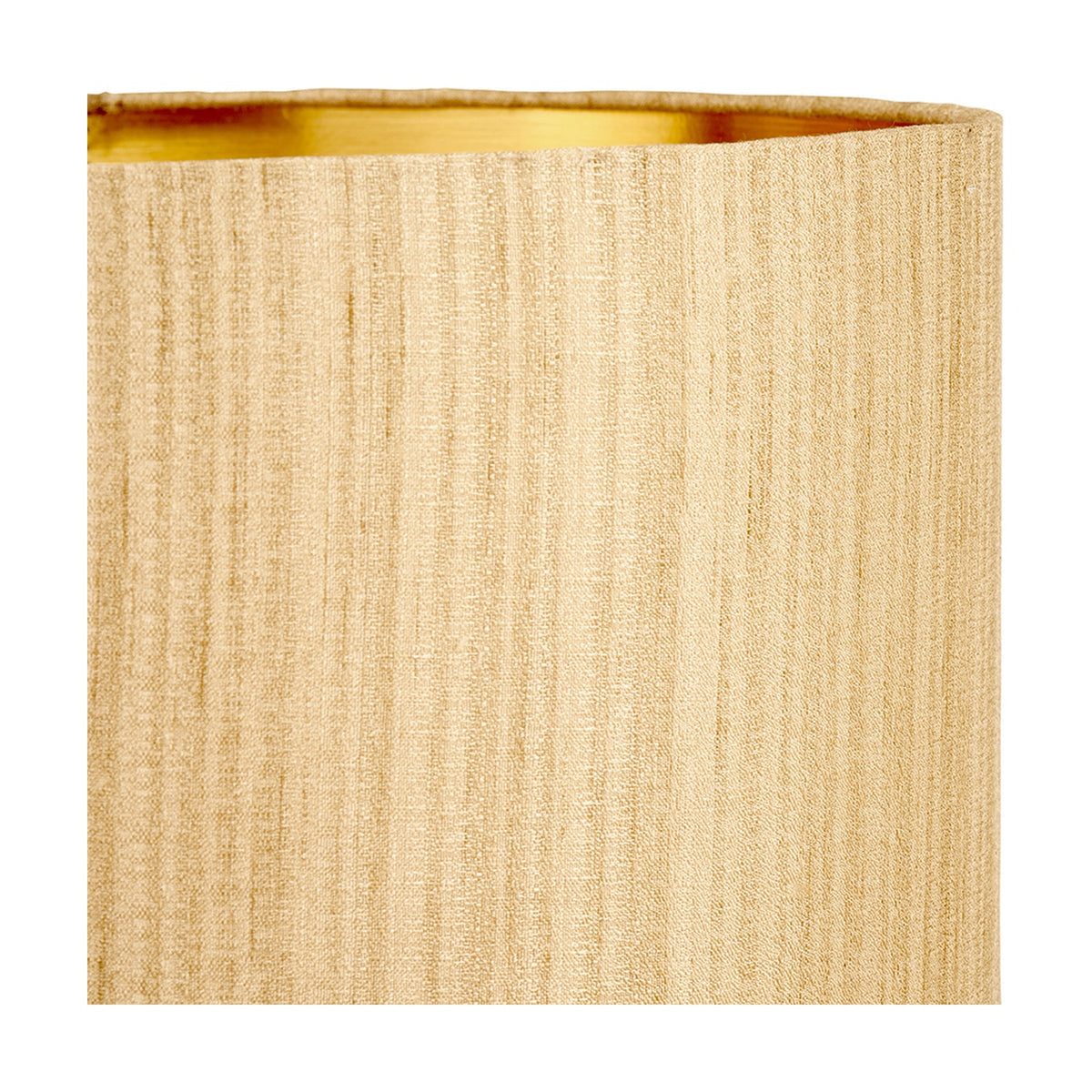 Close-up of the Stellan Gold Slubbed Silk Mix Lined Cylinder Lampshade, 45cm, showing textured gold fabric exterior and metallic gold inner lining, on a plain white background.