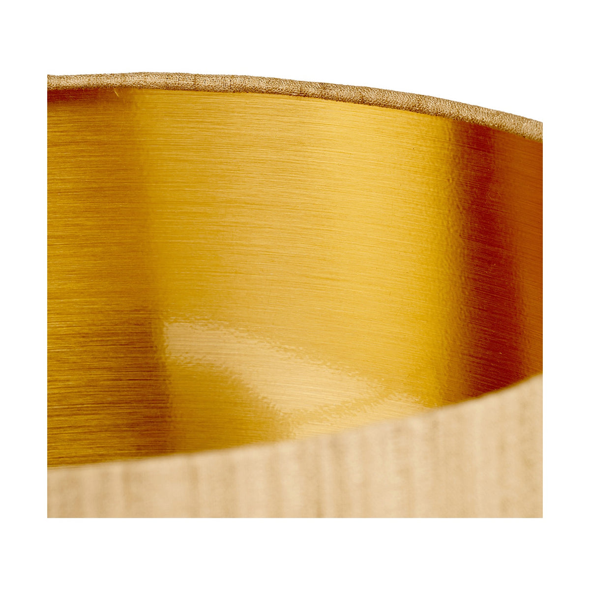 Close-up of the Stellan Gold Slubbed Silk Mix Lined Cylinder Lampshade, 45cm, showing its slubbed fabric exterior and glossy gold-lined interior.