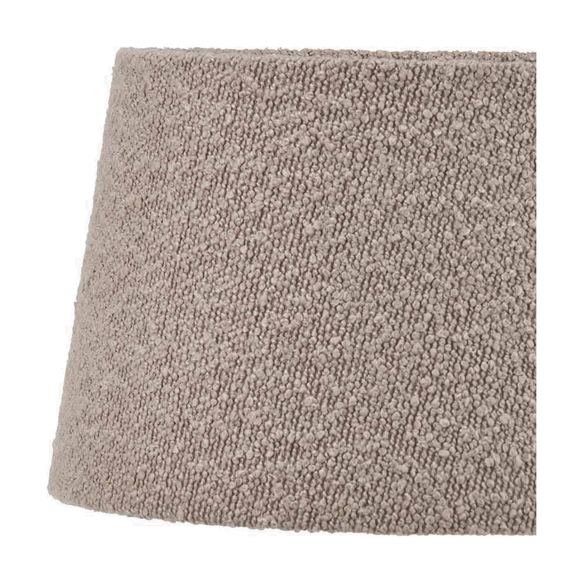Close-up of the Martigues Taupe Boucle Tapered Lampshade, 30cm, showing textured bouclé fabric in taupe with a curved tapered edge, on a plain white background.