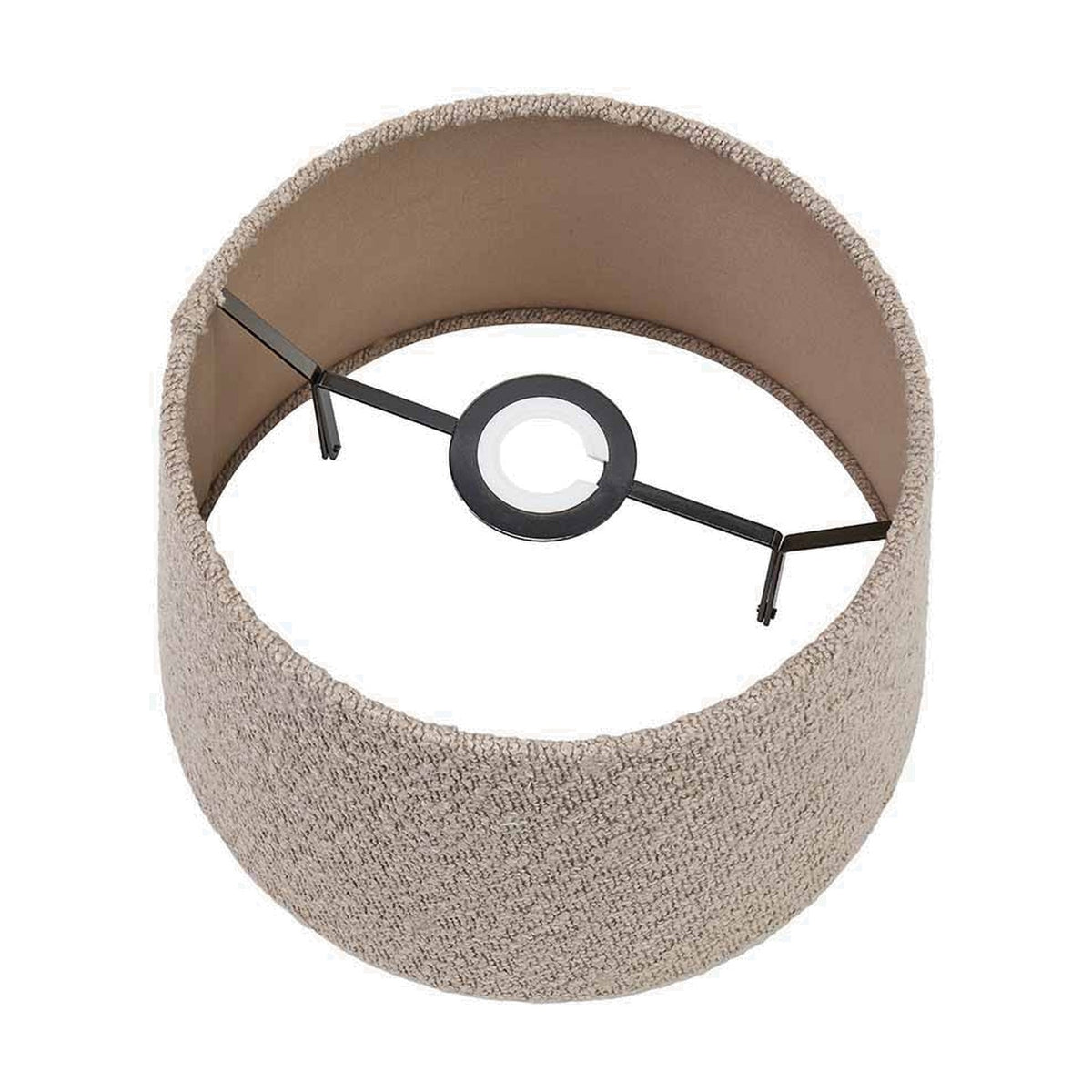Martigues Taupe Boucle Tapered Lampshade, 35cm, shown top-down with textured fabric drum, dark metal fitter frame, and beige interior lining on a white background.
