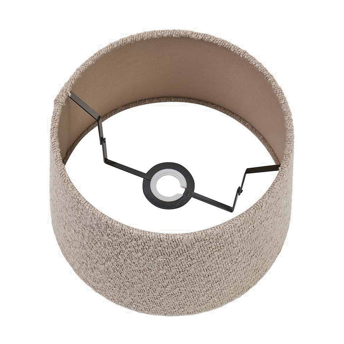 Martigues Taupe Boucle Tapered Lampshade, 35cm, shown from above with fabric exterior, beige lining, and visible metal fitter frame, on a plain white background.