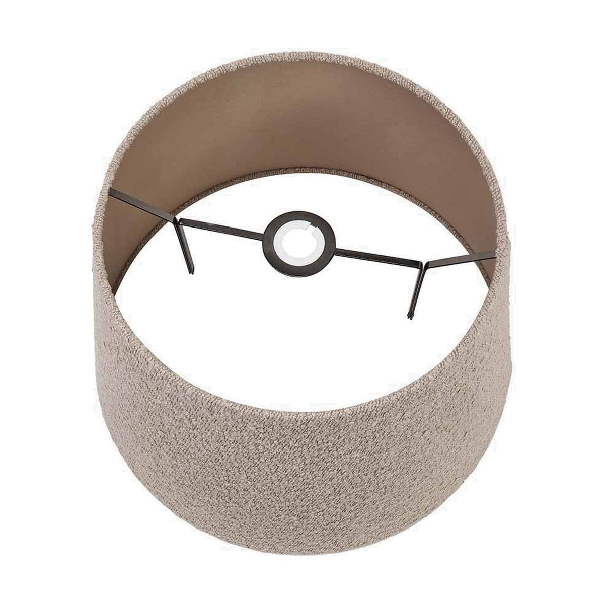 Top-down view of the Martigues Taupe Boucle Tapered Lampshade, 40cm, showing round boucle fabric exterior, taupe lining, and metal fitting frame on a white background.