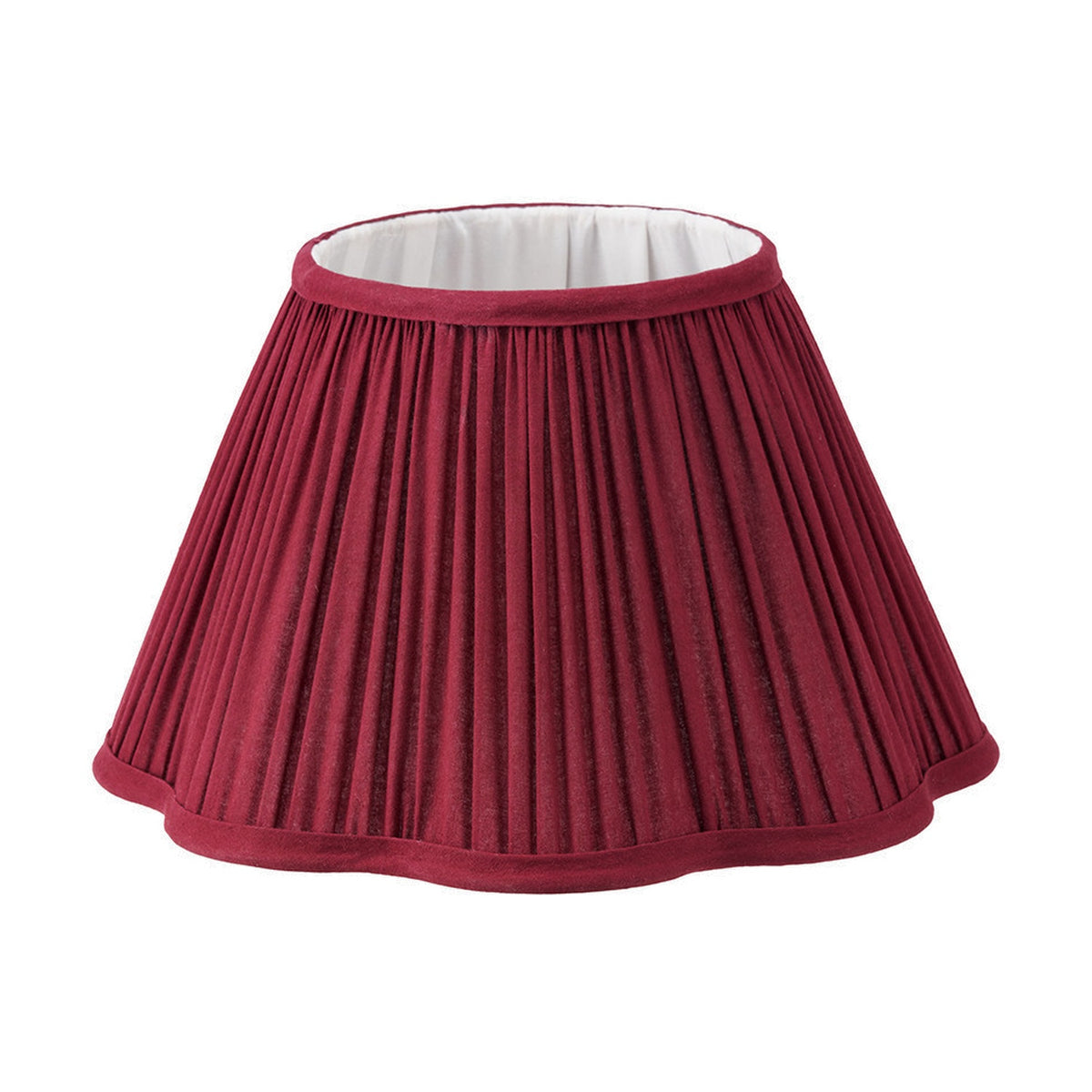 Malia Mulberry Red Pleated Scalloped Tapered Lamp Shade, 30cm, in fabric with a scalloped hem and white interior, shown on a plain white background.