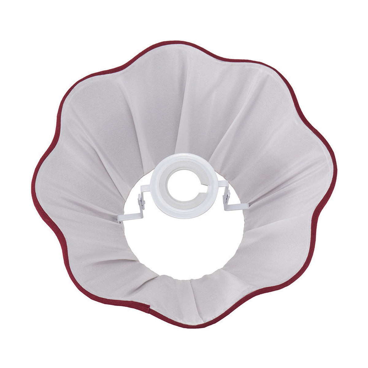 Malia Mulberry Red Pleated Scalloped Tapered Lamp Shade, 30cm, in light grey fabric with a scalloped wavy edge trimmed in red and a white fitting, shown on a plain white background.