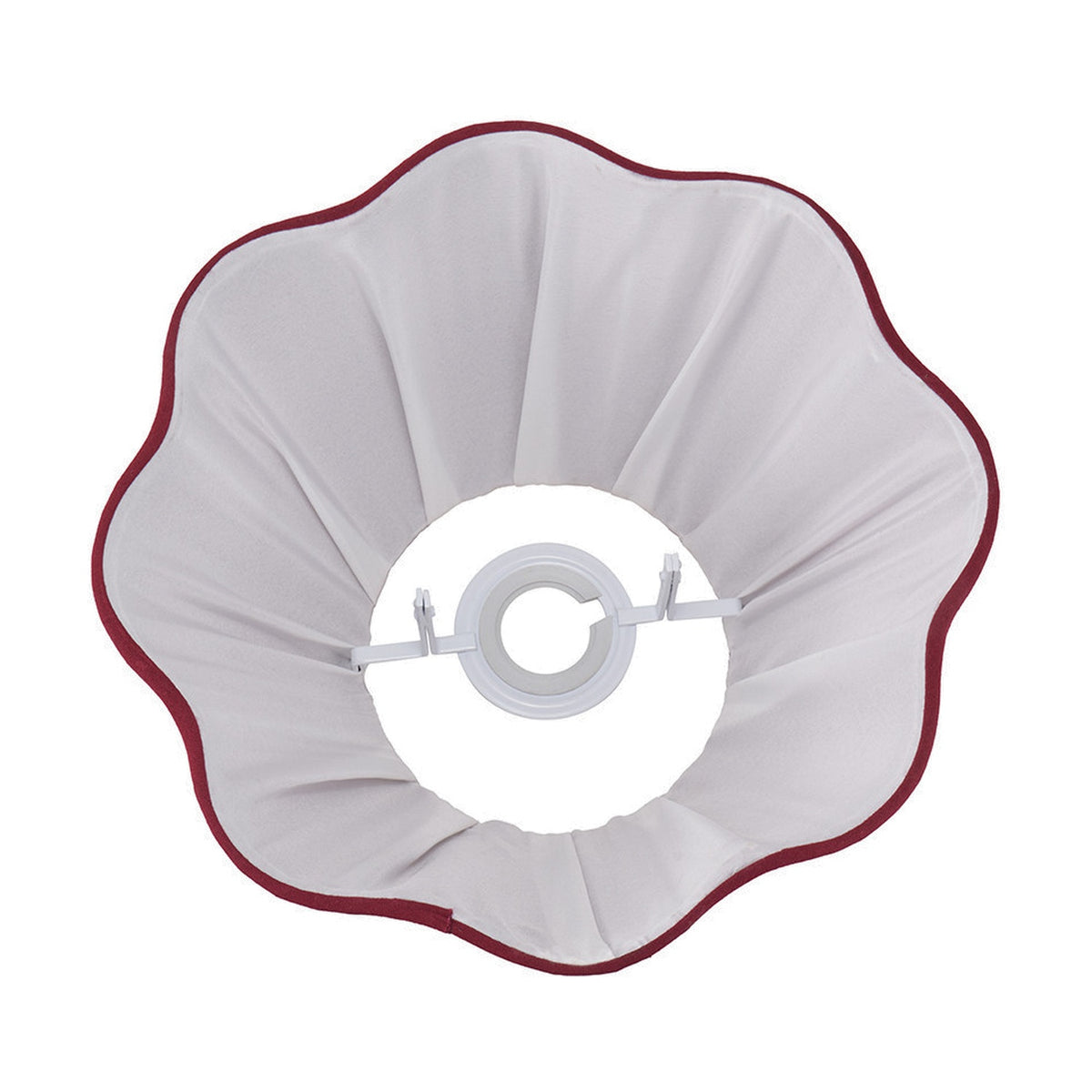 Malia Mulberry Red pleated lamp shade, 30cm, shown from below with scalloped edge and white fabric interior on a steel frame, plain white background.
