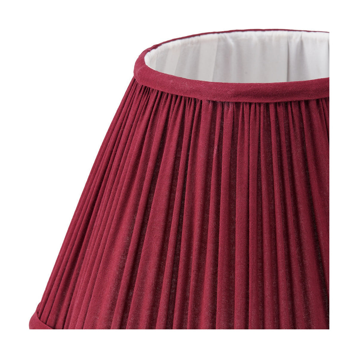 Close-up of the Malia Mulberry Red Pleated Tapered Lamp Shade, 30cm, showing red fabric pleats with white interior lining, on a plain white background.