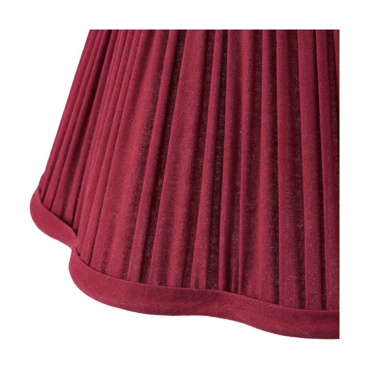 Close-up of the Malia Mulberry Red Pleated Scalloped Tapered Lamp Shade, 30cm, showing fabric pleats and a scalloped hem edge on a white background.