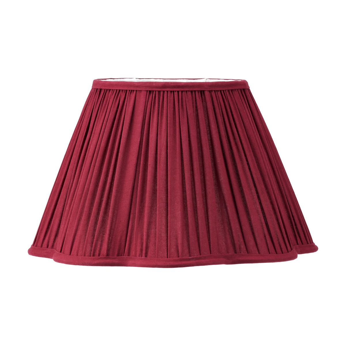 Malia Mulberry Red Pleated Scalloped Tapered Lamp Shade, 35cm, in fabric with a gathered pleat finish, shown on a plain white background.
