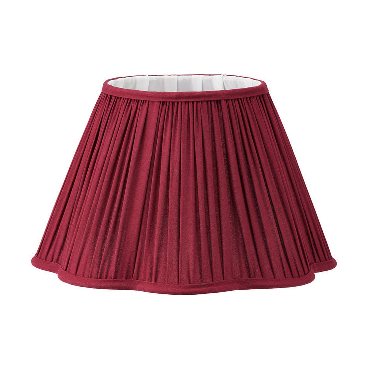 Malia Mulberry Red Pleated Scalloped Tapered Lamp Shade, 35cm, in ridged fabric with a scalloped hem and white interior, shown on a plain white background.