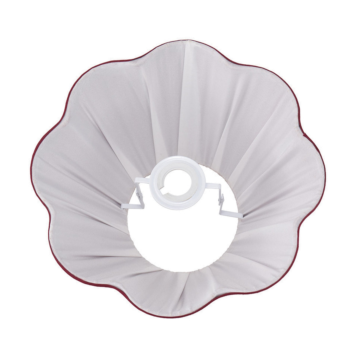 Malia Mulberry Red Pleated Scalloped Tapered Lamp Shade, 35cm, in pale fabric with a scalloped edge and red trim, shown from below on a white background with white fitter clips visible.