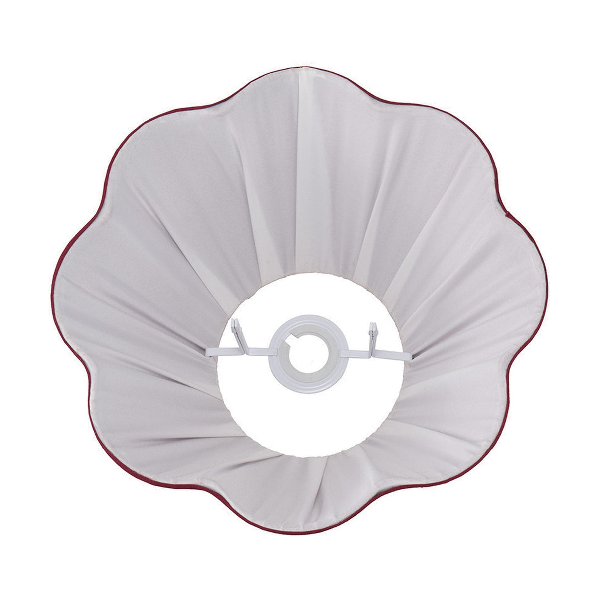 Malia pleated scalloped tapered lamp shade, 35cm, in white fabric with a mulberry red trim edge, steel frame, shown from above on a plain white background.