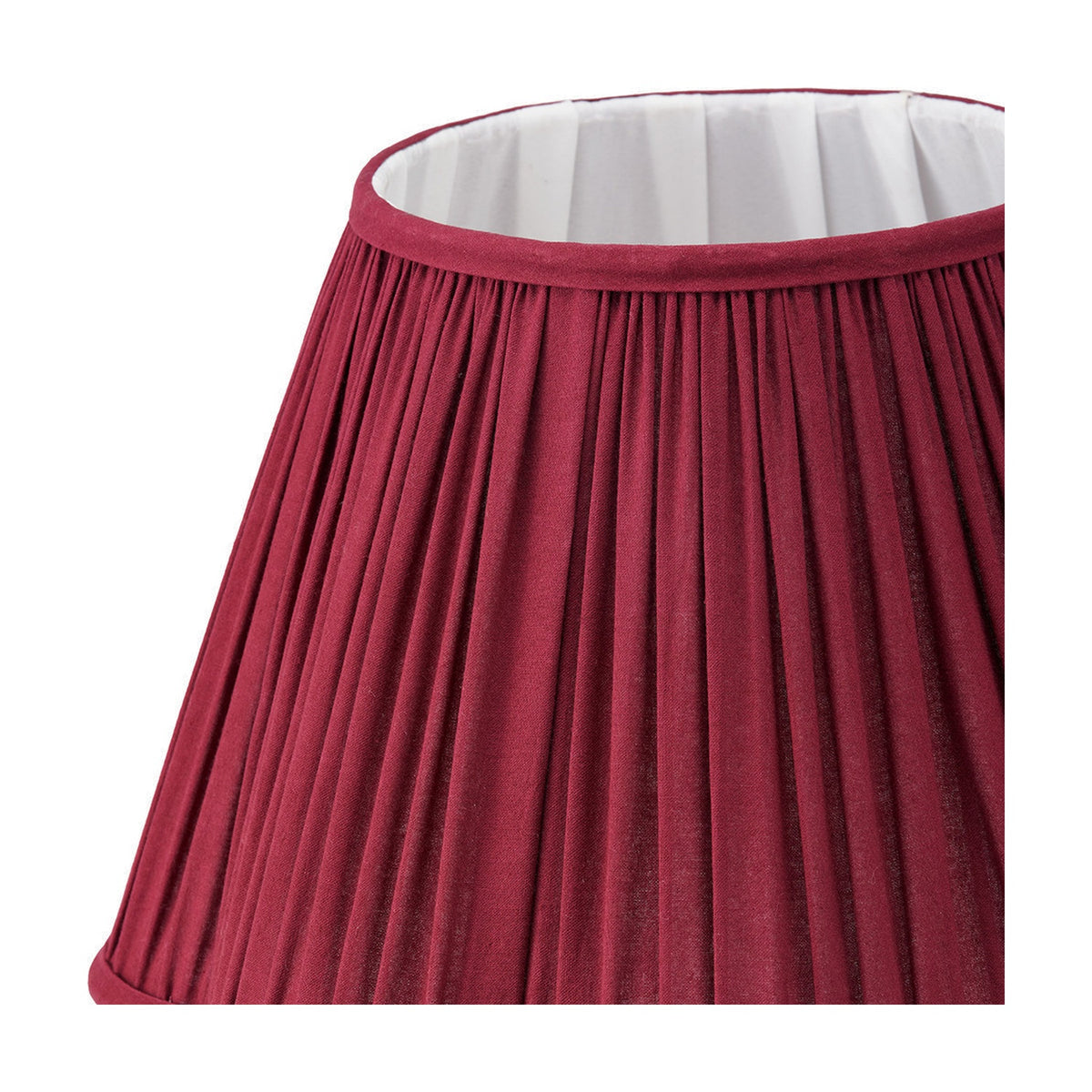 Close-up of the Malia Mulberry Red Pleated Scalloped Tapered Lamp Shade, 35cm, showing gathered fabric pleats and white interior lining against a plain background.