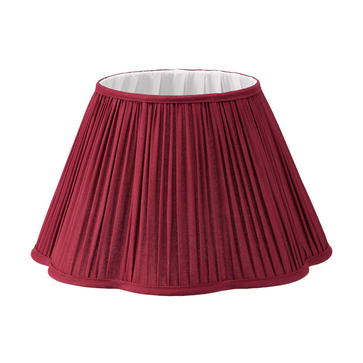Malia Mulberry Red Pleated Scalloped Tapered Lamp Shade, 40cm, in fabric with a white interior lining, shown on a plain white background.