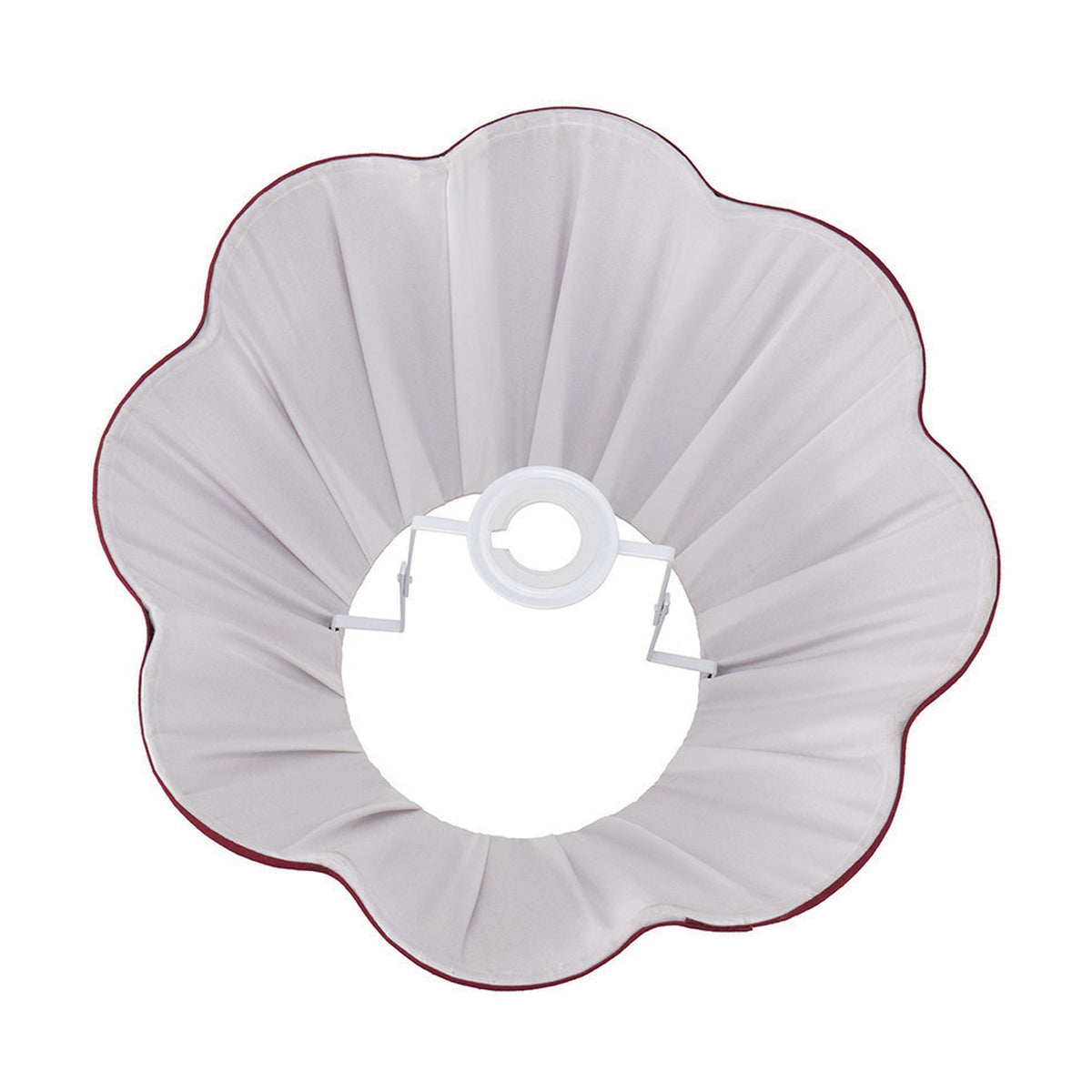 Malia Mulberry Red Pleated Scalloped Tapered Lamp Shade, 40cm, in fabric with a scalloped edge and steel frame fitting, shown on a plain white background.