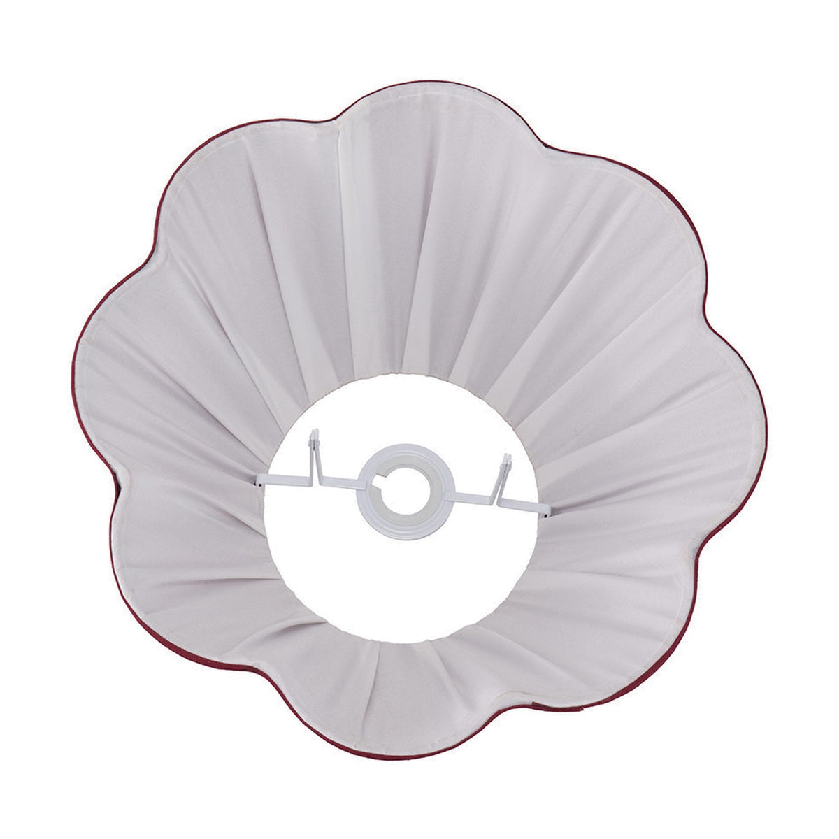 Malia Mulberry Red Pleated Scalloped Tapered Lamp Shade, 40cm, in white fabric with a scalloped edge and dark red trim, shown from below with white fitter frame, on a plain background.