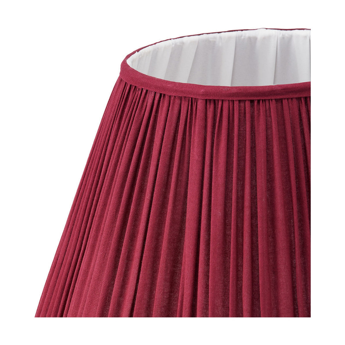 Close-up of the Malia Mulberry Red Pleated Tapered Lamp Shade, 40cm, showing fabric pleats, scalloped trim, and white interior lining against a plain background.