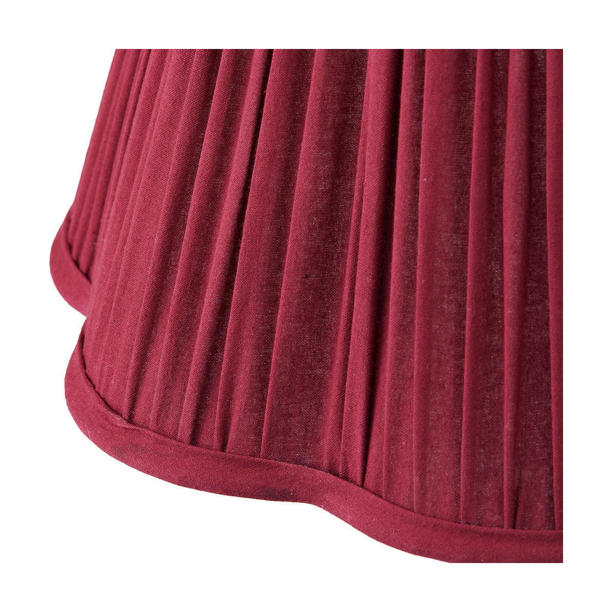 Close-up of the Malia Mulberry Red Pleated Scalloped Tapered Lamp Shade, 40cm, showing fine fabric pleats and a scalloped hem edge on a white background.