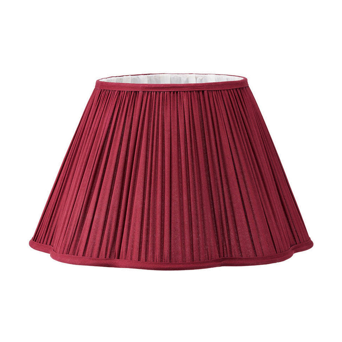 Malia Mulberry Red pleated scalloped tapered lamp shade, 45cm, in fabric with a scalloped hem, shown on a plain white background.