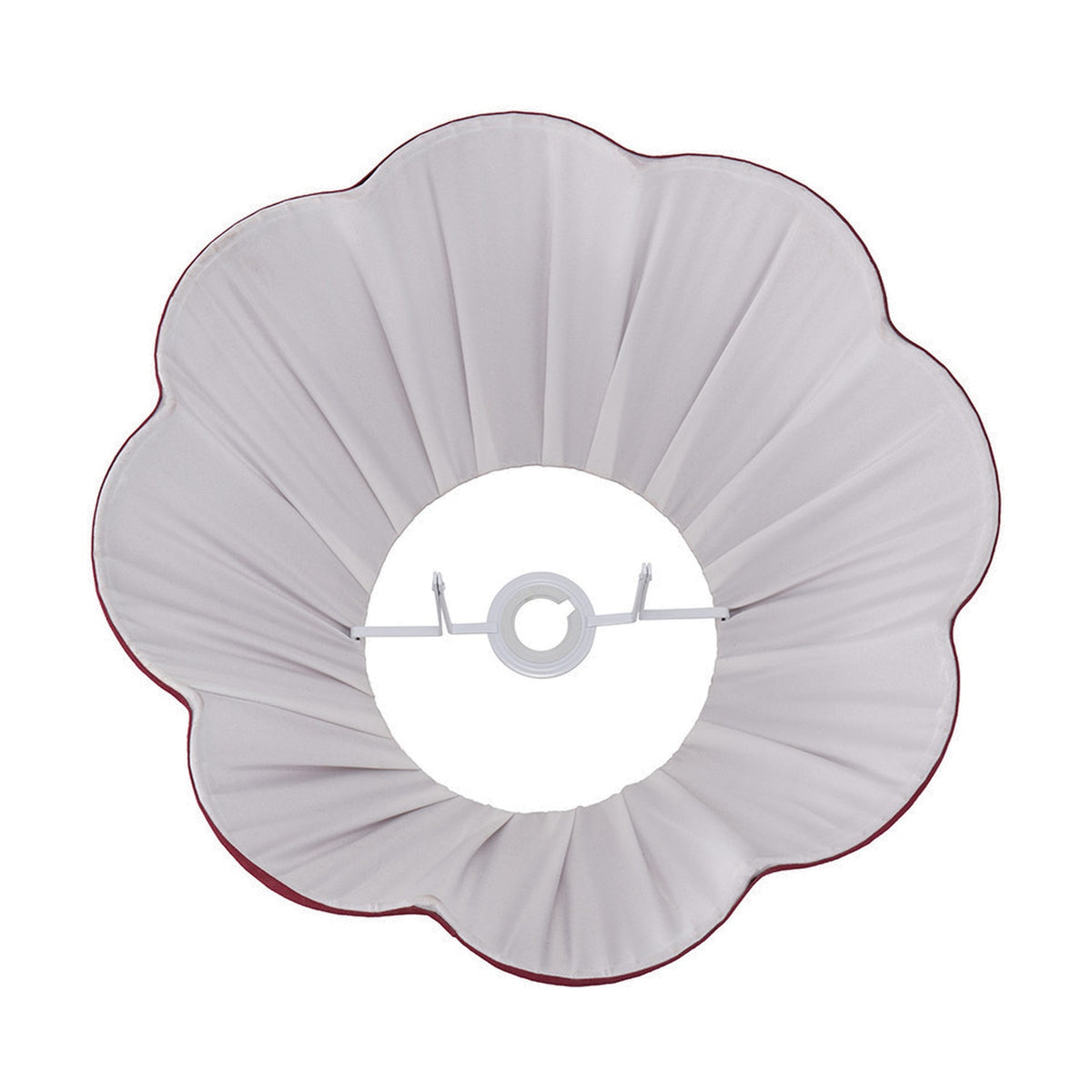 Malia pleated scalloped tapered lamp shade, 45cm, in pale fabric with mulberry red trim, shown from above with white metal fitting, on a plain white background.