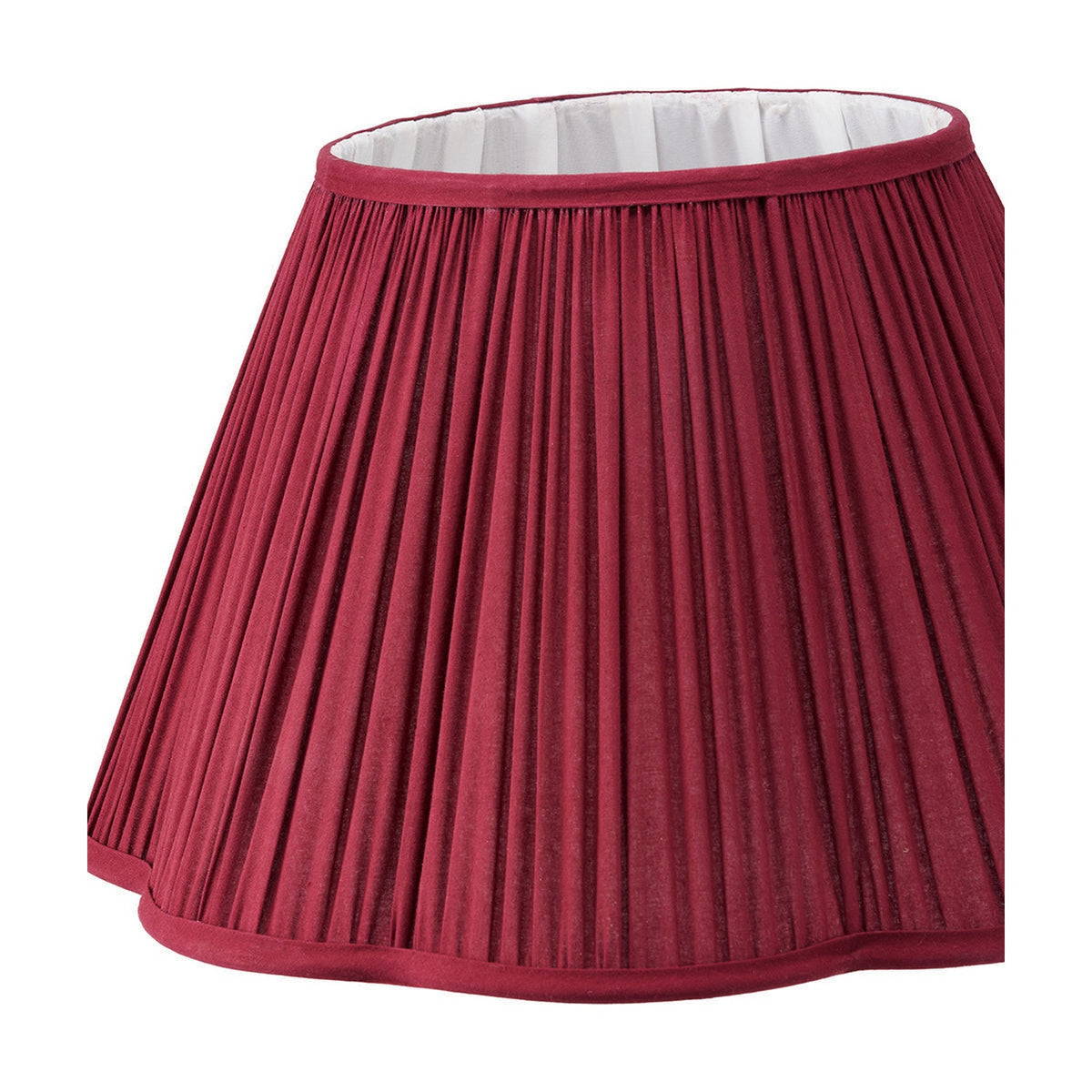 Malia Mulberry Red pleated tapered lamp shade, 45cm, with scalloped hem and white interior lining, shown against a plain white background.