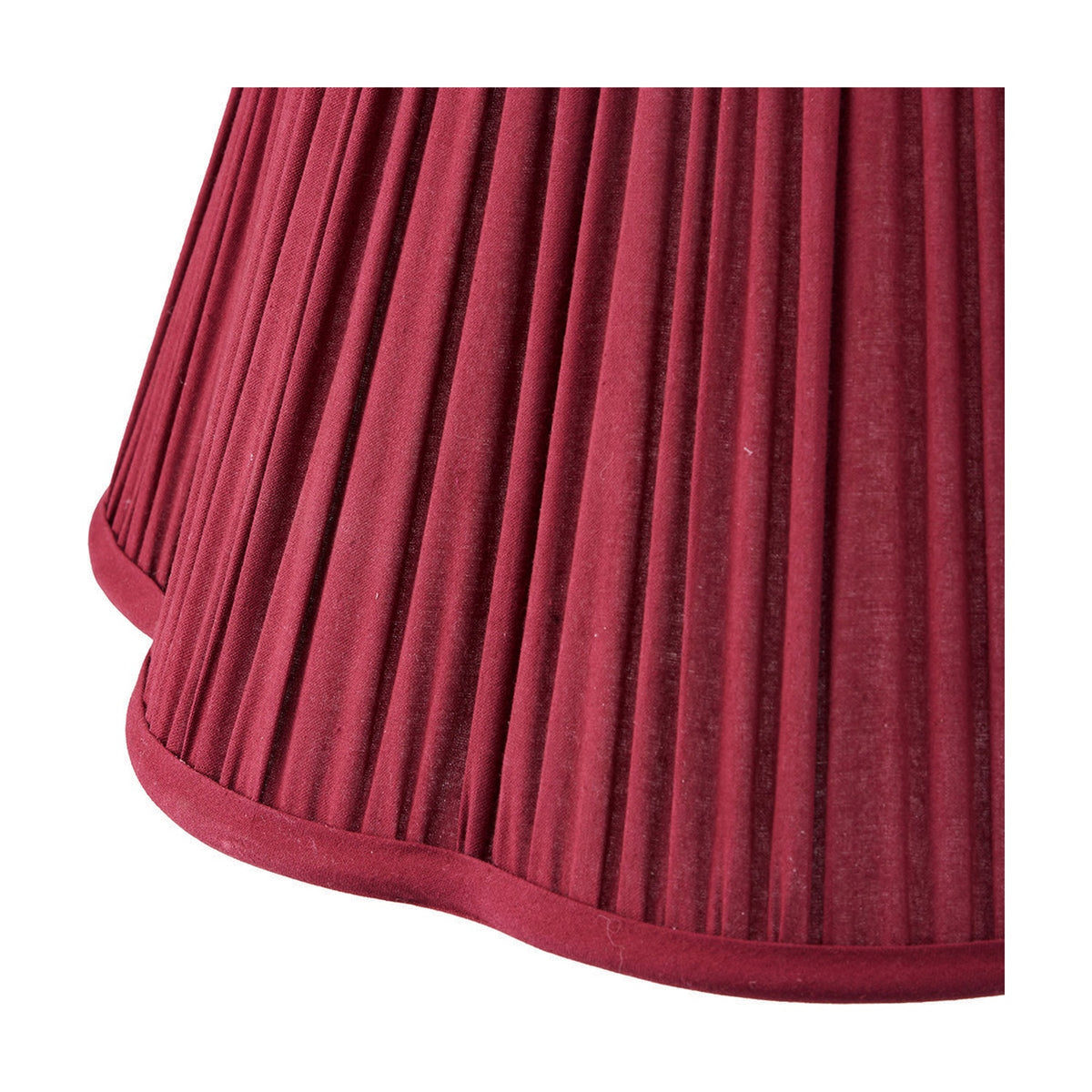 Close-up of the Malia Mulberry Red Pleated Scalloped Tapered Lamp Shade, 45cm, showing fabric pleats and a scalloped hem against a plain white background.