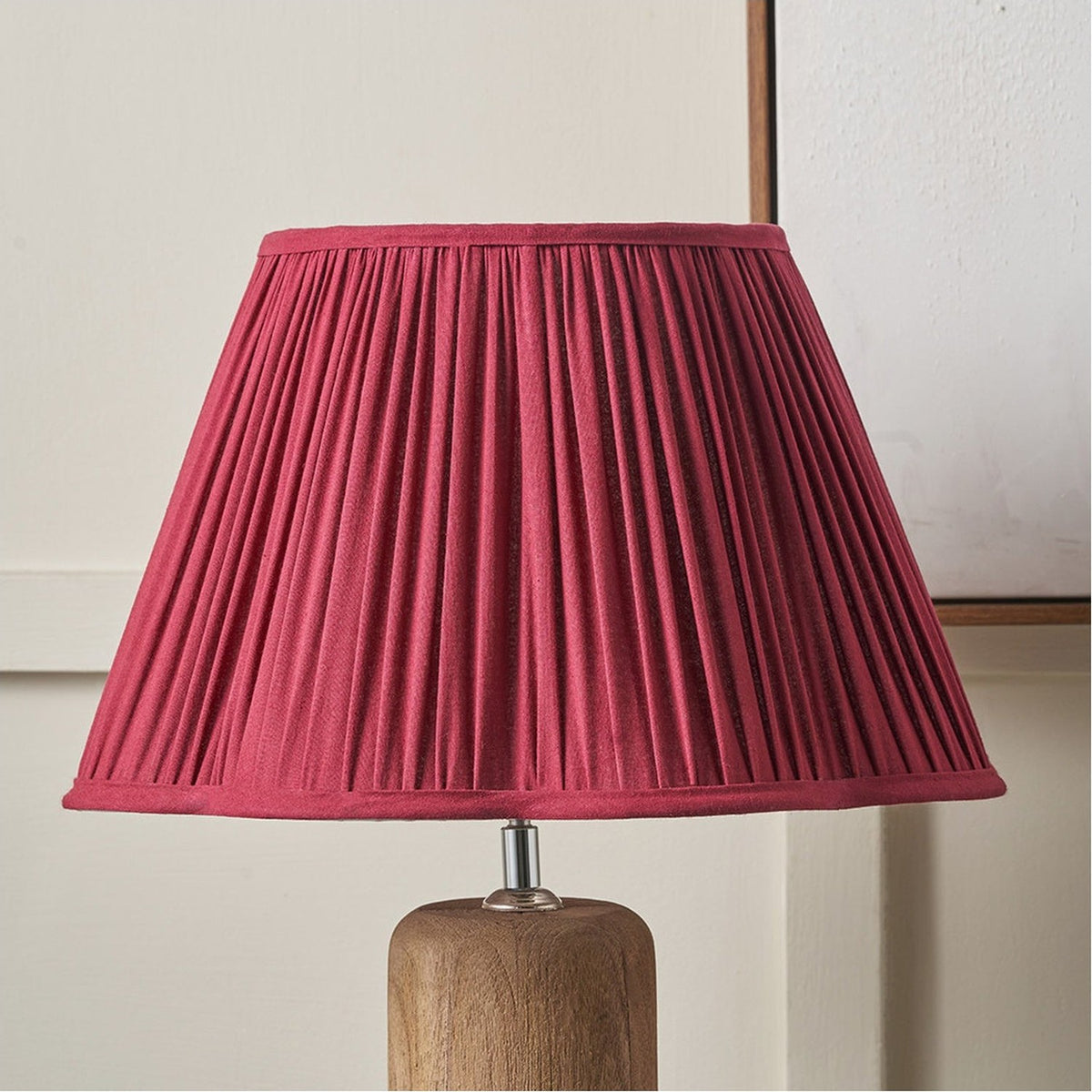 Malia Mulberry Red Pleated Scalloped Tapered Lamp Shade, 45cm, in fabric on a wooden lamp base, shown against a light neutral background.