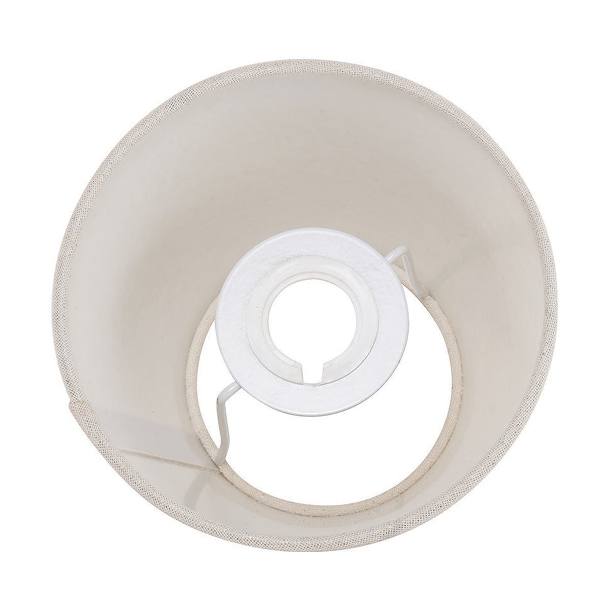 Underside view of the Seychelles cream slubby cotton empire lampshade, 16cm, showing the white fabric interior and metal fitter ring on a plain background.