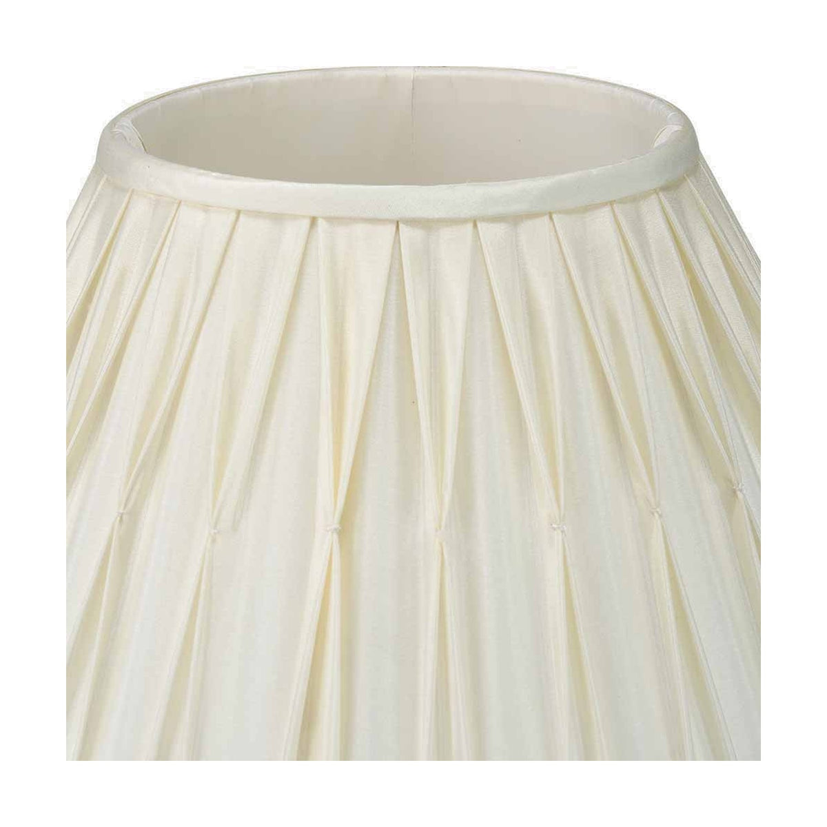 Close-up of the Garbo Cream Silk Mix Pinch Pleated Tapered Lampshade, 25cm, showing pinch-pleated fabric texture and finished top trim on a white background.