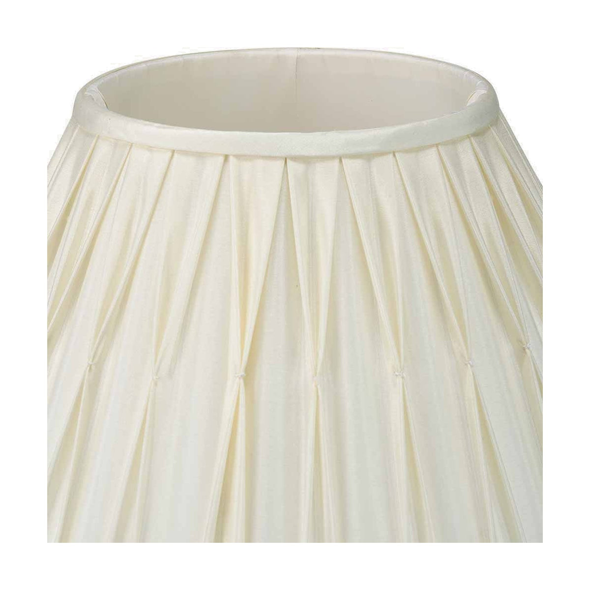 Garbo cream silk mix tapered lampshade, 35cm, shown close-up with pinch-pleated fabric detail and cream trim edge against a white background.