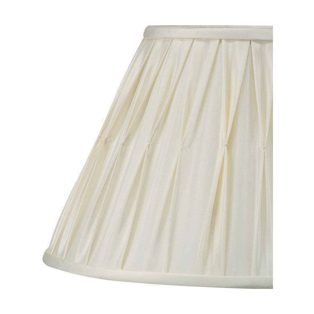 Garbo cream silk mix tapered lampshade, 35cm, with pinch pleated detailing and fabric trim edges, shown against a plain white background.