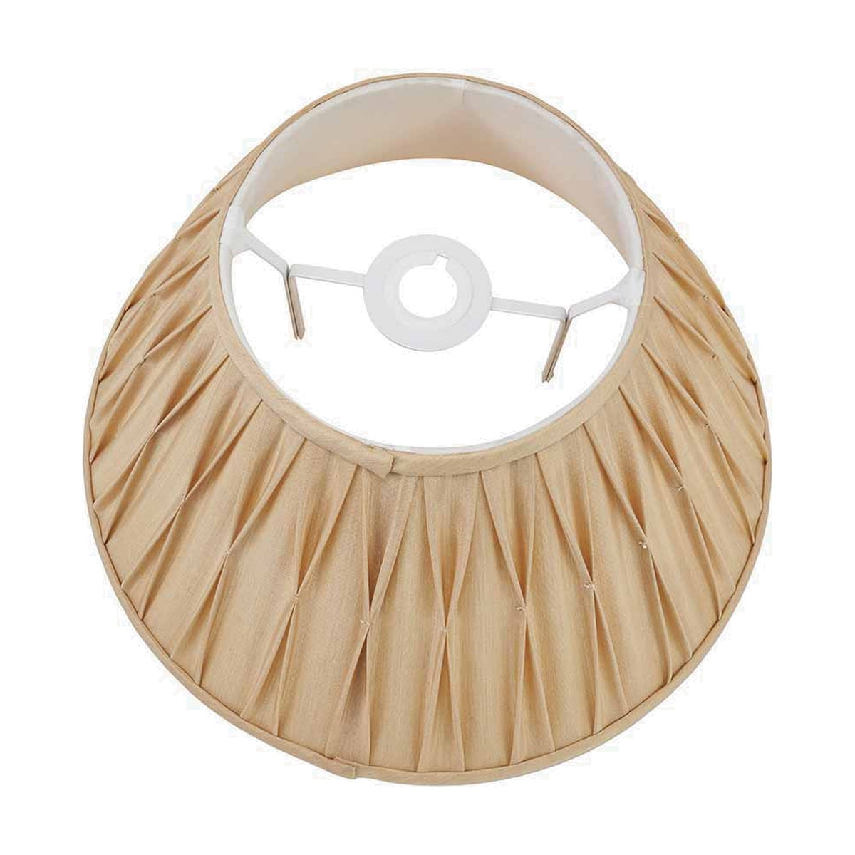 Garbo Gold Silk Mix Pinch Pleated Tapered Lampshade, 35cm, shown from above with white fabric interior and metal frame, on a plain white background.