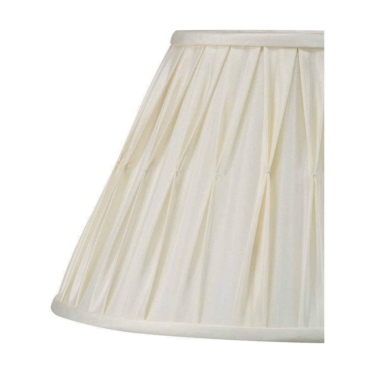 Garbo cream silk mix tapered lampshade, 40cm, with pinch pleated detail and folded trim, shown close-up on a plain white background.