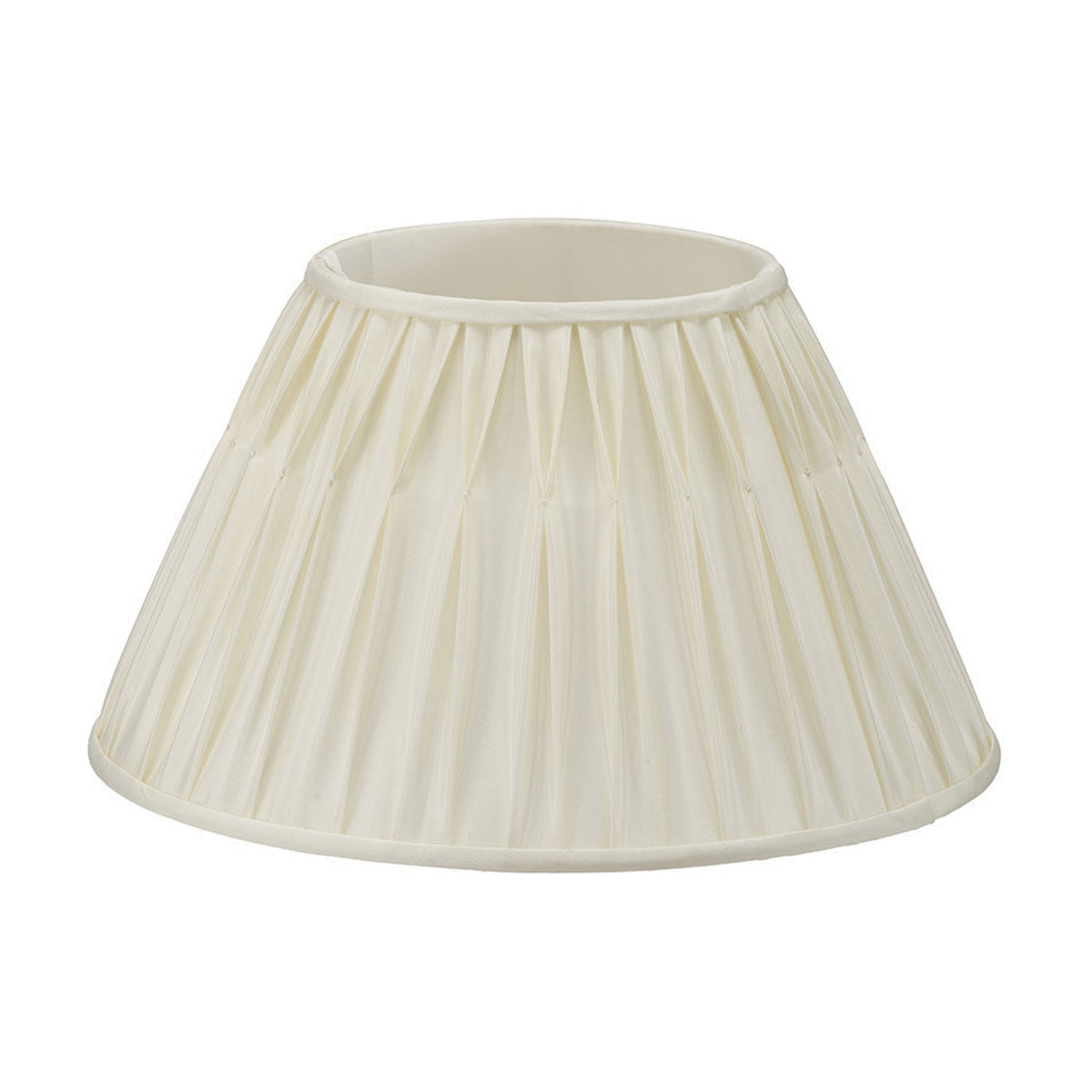 Garbo Cream Silk Mix Pinch Pleated Tapered Lampshade, 45cm wide, with pleated fabric texture and cream trim edging, shown on a plain white background.