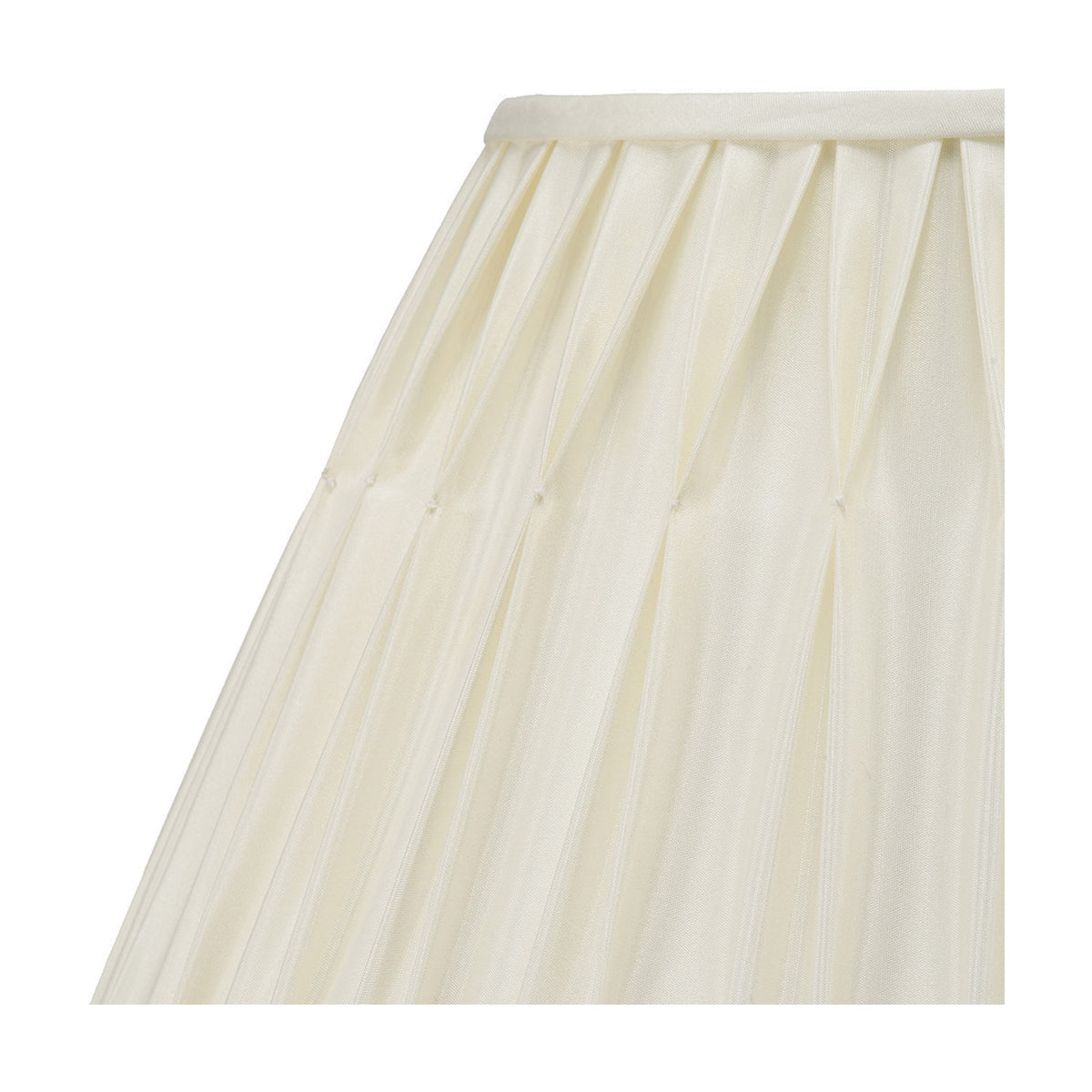 Close-up of the Garbo Cream Silk Mix Pinch Pleated Tapered Lampshade, 45cm, showing pleated fabric texture and stitched detailing against a white background.