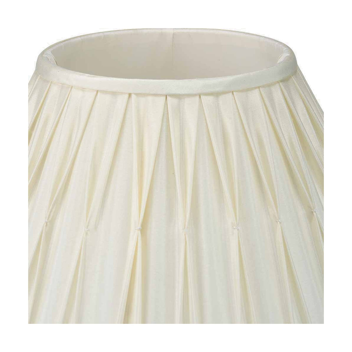 Close-up of the Garbo Cream Silk Mix Pinch Pleated Tapered Lampshade, 50cm, showing hand-pleated fabric texture and trimmed top edge against a plain white background.