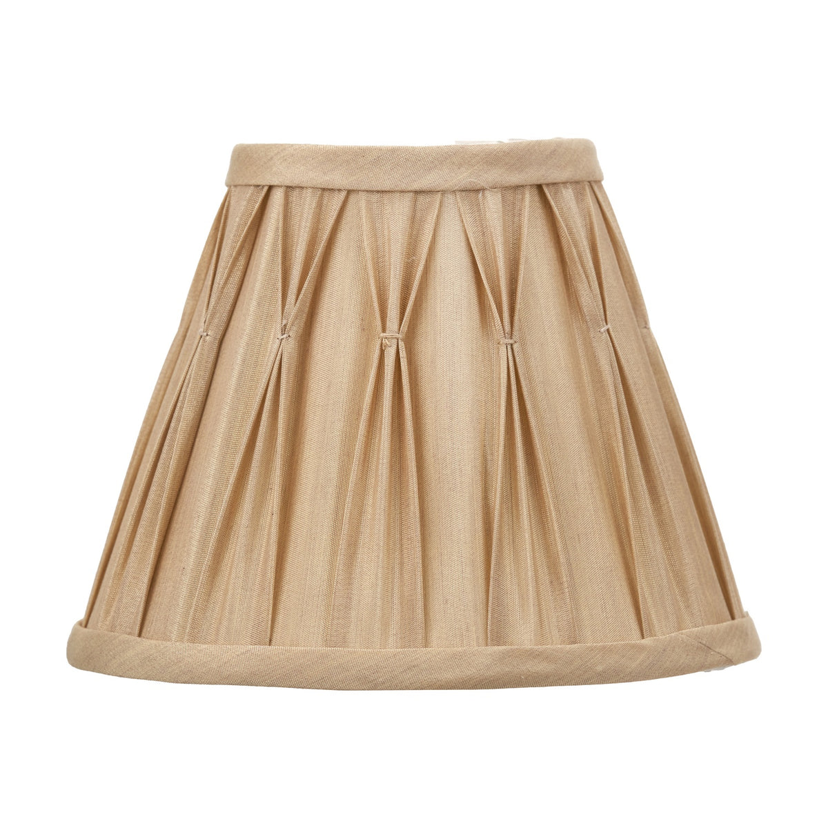 Garbo Gold Silk Mix Pinch Pleated Tapered Lampshade, 20cm, in gold fabric with pleated sides and trimmed top and bottom edges, shown on a plain white background.