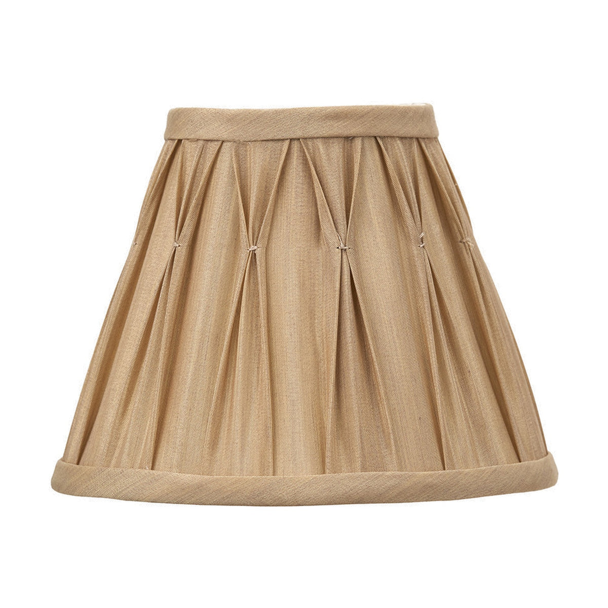Garbo Gold Silk Mix Pinch Pleated Tapered Lampshade, 20cm, in a gold fabric with pleated sides and pinched detailing, shown on a plain white background.