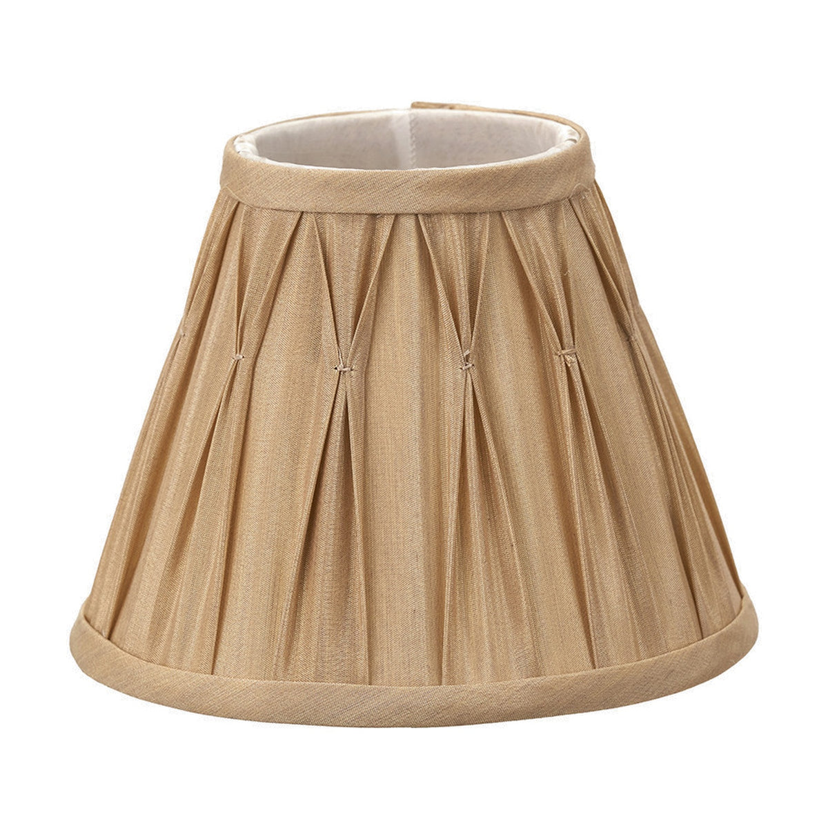 Garbo Gold Silk Mix Pinch Pleated Tapered Lampshade, 20cm, gold fabric with pleated sides and looped trim, shown on a plain white background.