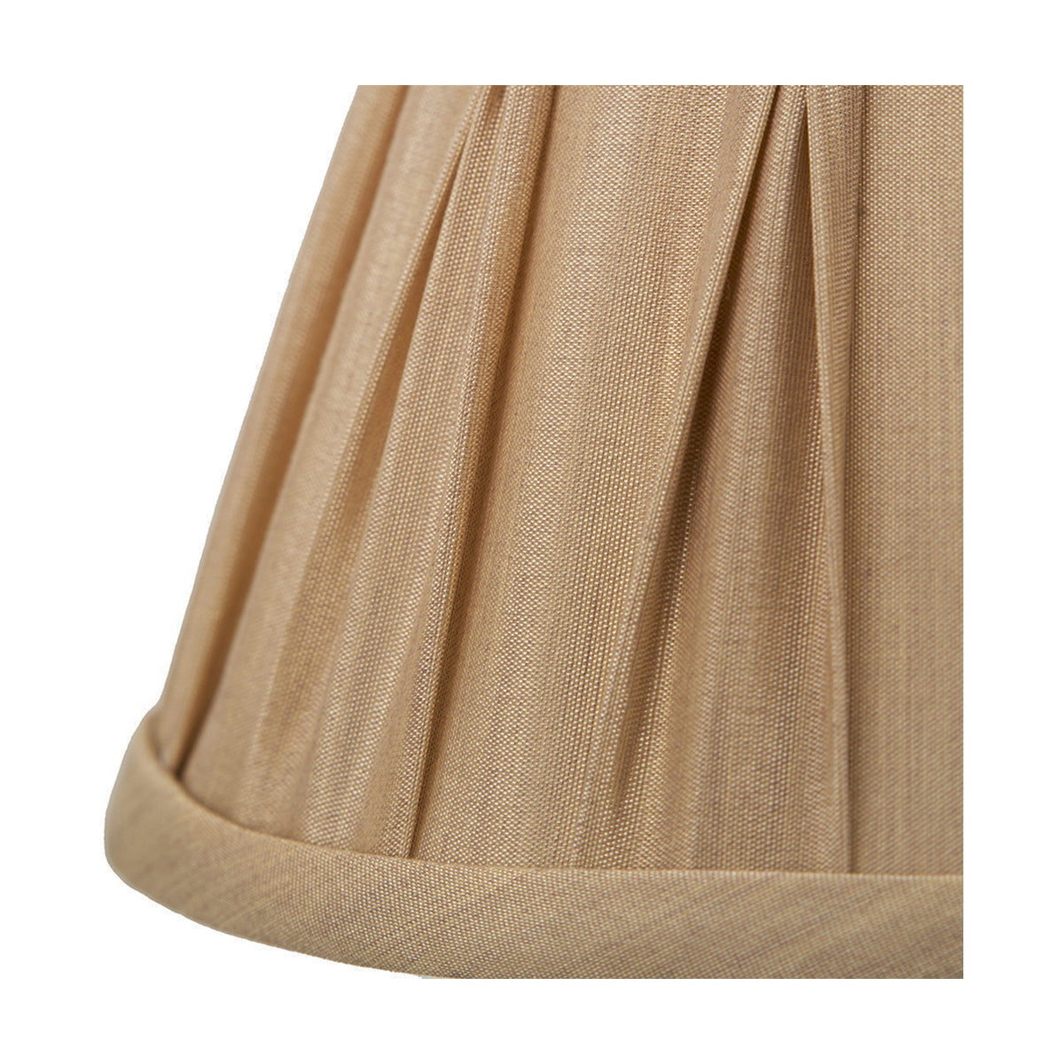 Close-up of the Garbo Gold Silk Mix Pinch Pleated Tapered Lampshade, 20cm, showing gold fabric pleats and a curved trimmed edge on a white background.