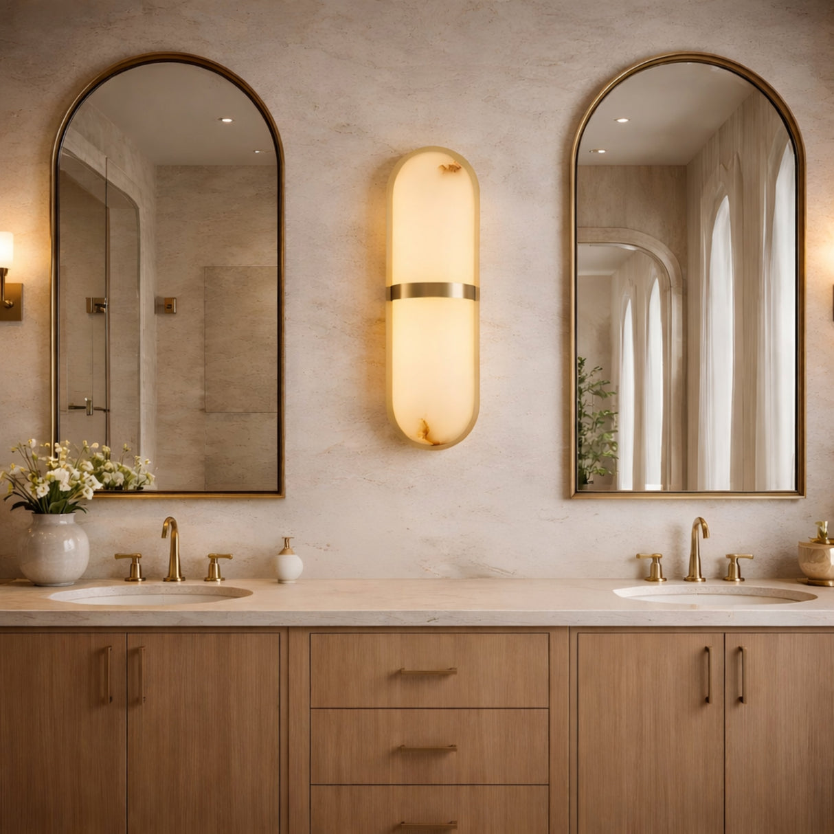 Modern bathroom with light wood double vanity, two arched mirrors, a Zantari LED Cylinder Alabaster Wall Light in brushed brass between them, gold faucets, neutral walls, and a vase of white flowers on the left side of the countertop.